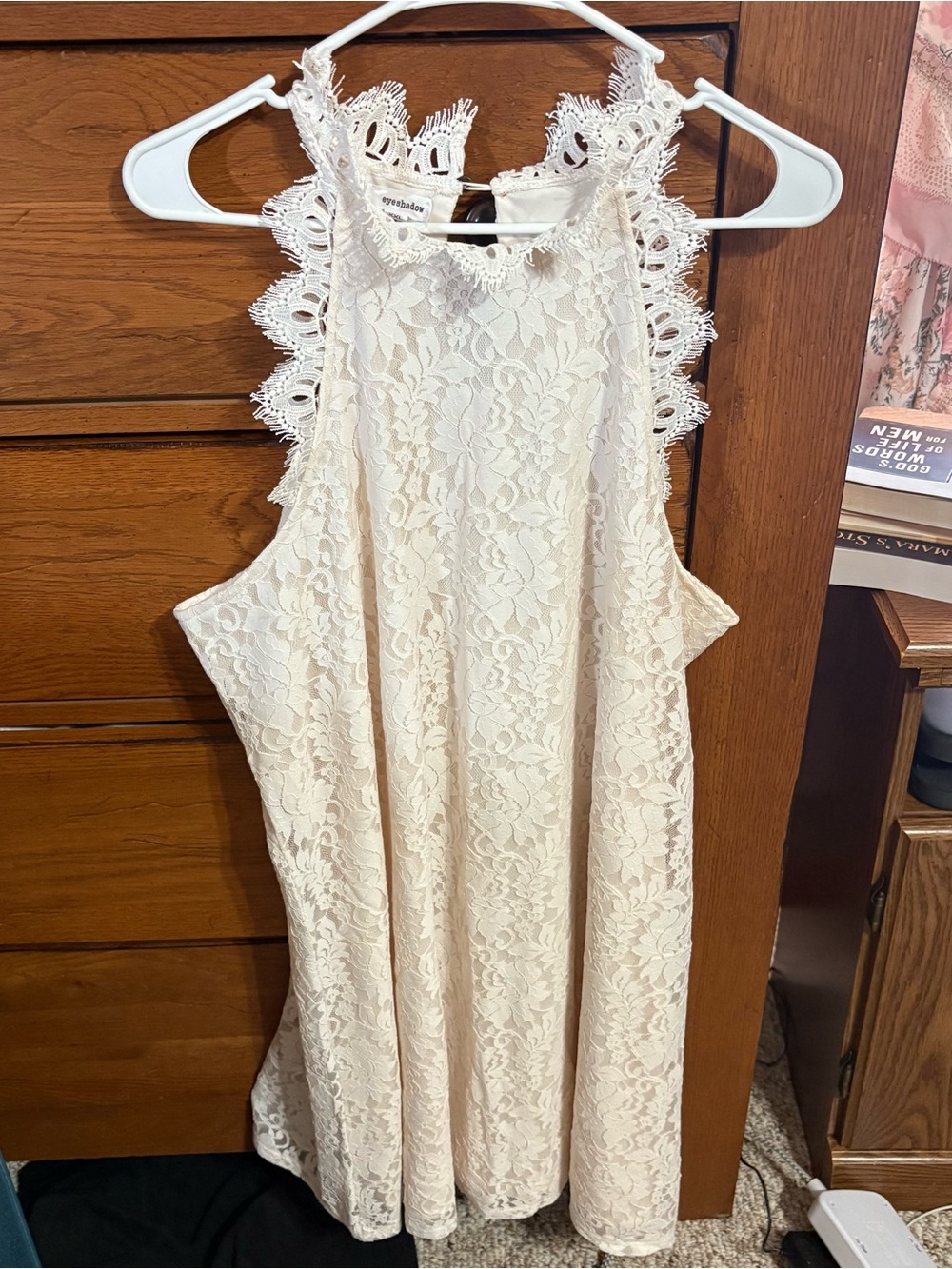 Eyeshadow Cream Lace Halter Dress with Crochet Detail